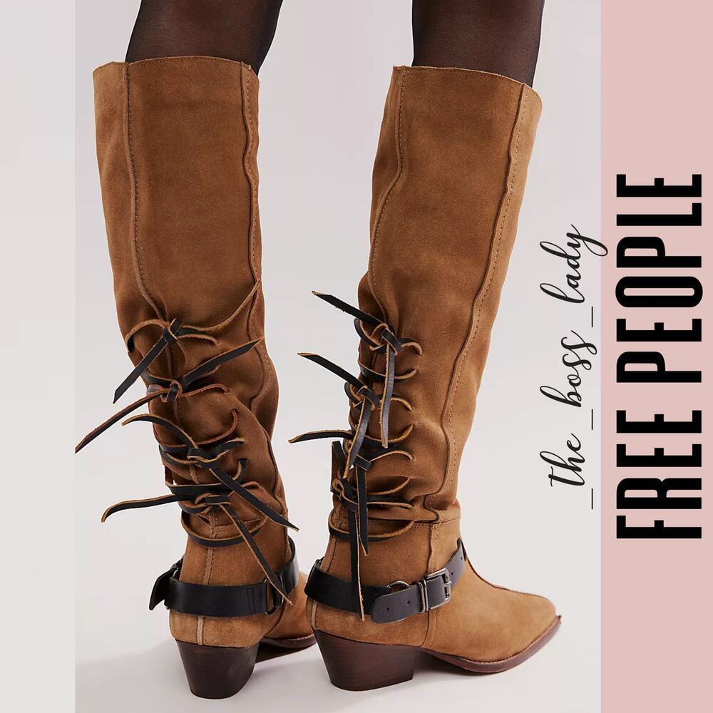Free People slouch boots back-lace slouchy tall boots leather suede fringe - Picture 3 of 12